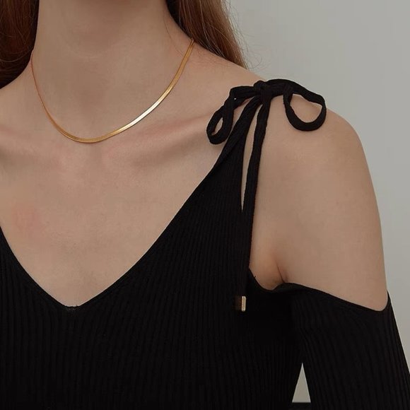 Gold Herringbone Necklace, Gold Snake Chain Necklace, Layered Necklace Gold - Picture 3 of 6